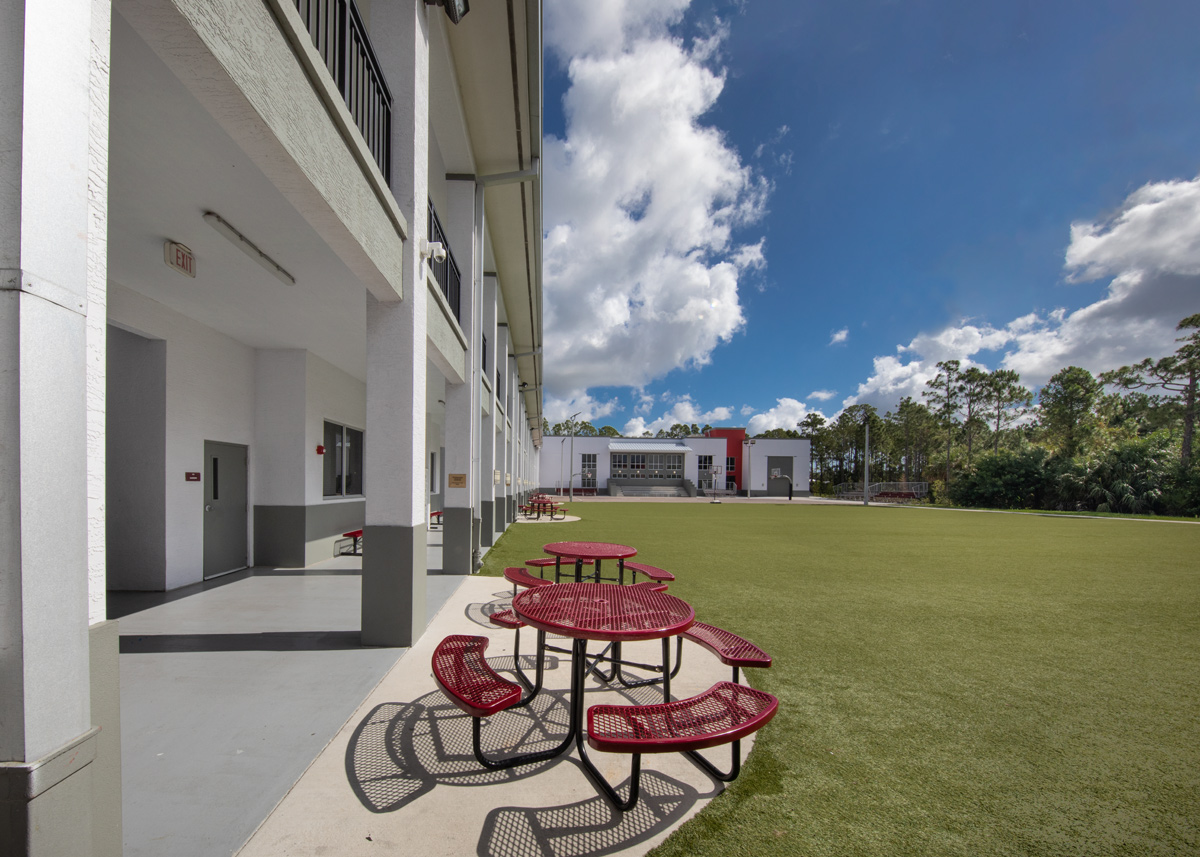 Architectural view of the courtyard at the Somerset Collegiate Preparatory Academy chater hs in Port St Lucie, FL.